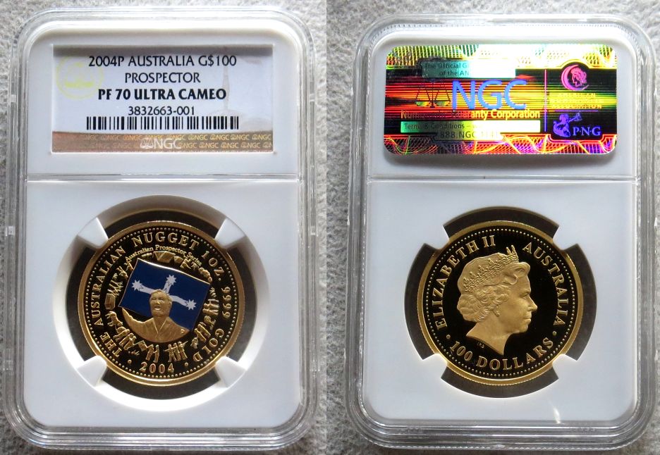 2004 PERTH MINT GOLD AUSTRALIA $100 NGC PERFECT PROOF 70  "COLORIZED BLUE FLAG WITH WHITE SOUTHERN CROSS" ONLY 745 MINTED