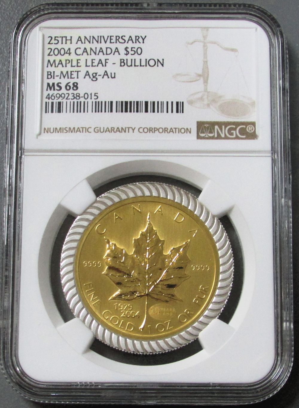 2004 BI METAL GOLD / SILVER CANADA $50 MAPLE LEAF 25th ANNIVERSARY 1 OZ NGC MINT STATE 68 ONLY 801 MINTED