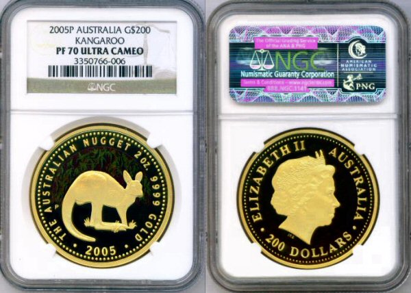 2005 GOLD AUSTRALIA $200 KANGAROO 2 OZ COIN NGC PERFECT PROOF 70 ULTRA CAMEO "ONLY 200 MINTED"