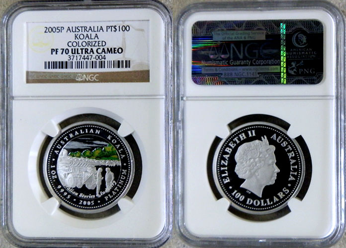 2005 PERTH MINT AUSTRALIA PLATINUM $100 NGC PERFECT PROOF 70 ULTRA CAMEO "COLORIZED  INDUSTRY" ONLY 247 MINTED 