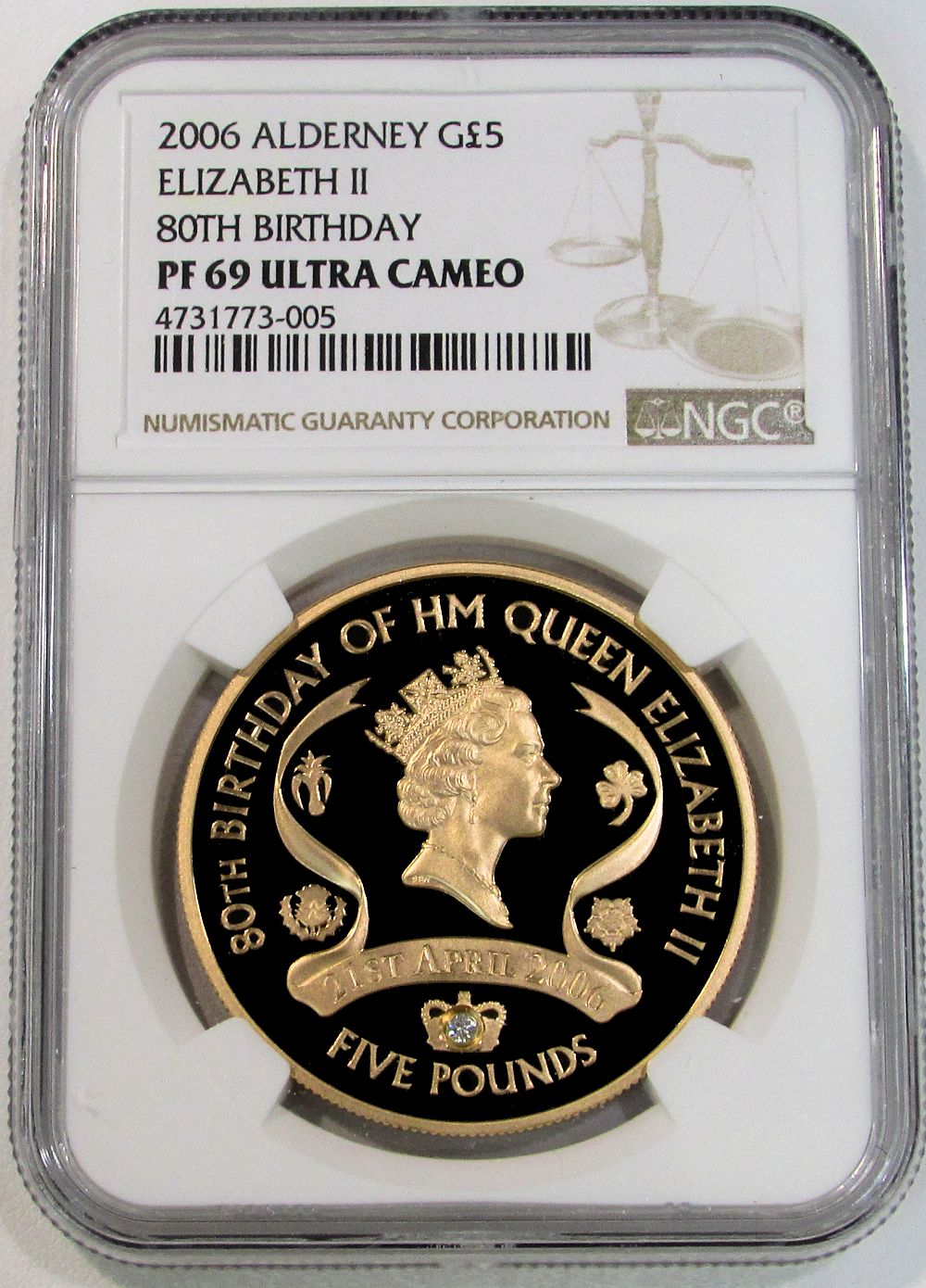 2006 GOLD ALDERNEY 5 POUND QUEEN'S 8Oth BIRTHDAY NGC PROOF 69 ULTRA CAMEO ONLY 500 MINTED