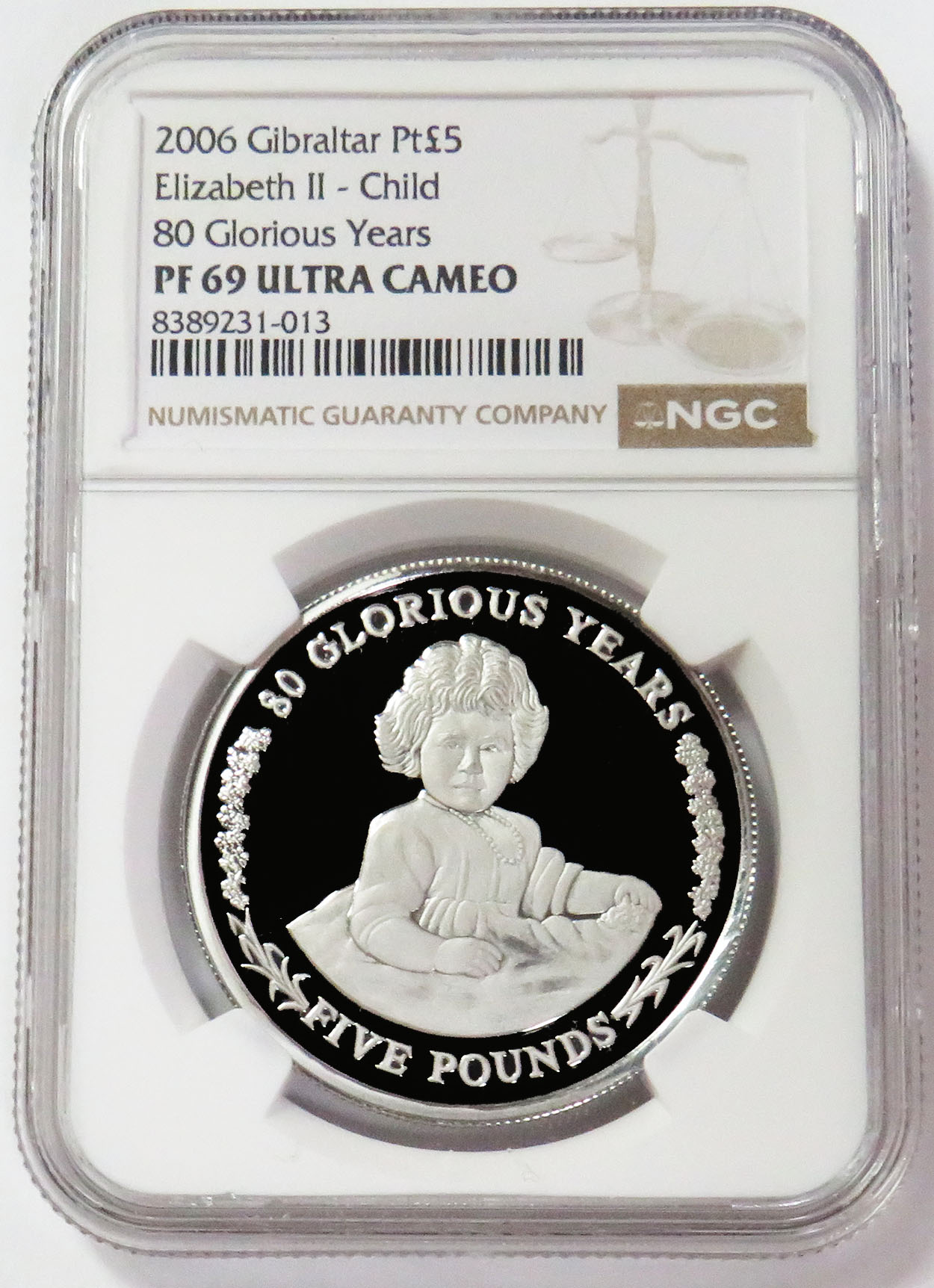 2006 PLATINUM GIBRALTAR 5 POUNDS QUEENS BIRTHDAY AS CHILD 80 GLORIOUS YEARS NGC PF 69 ULTRA CAMEO ONLY 25 MINTED 