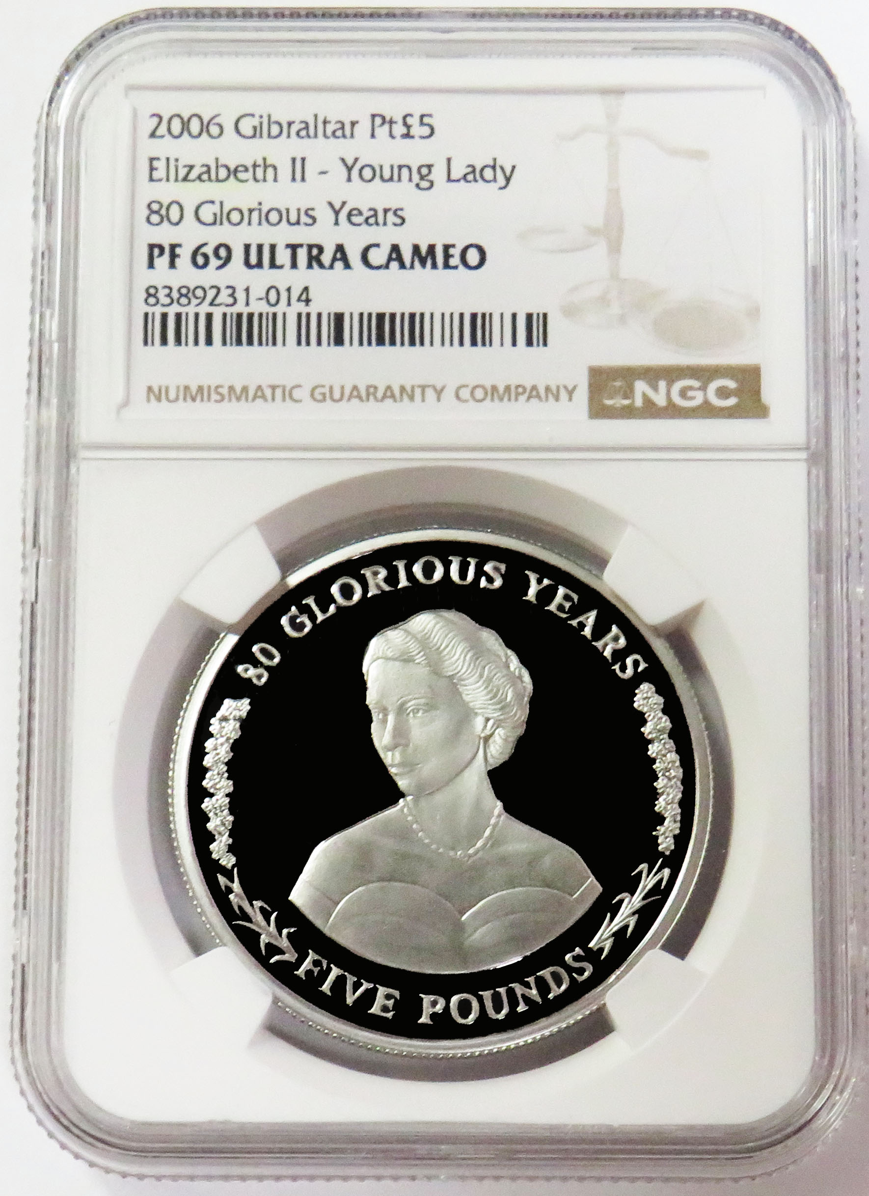 2006 PLATINUM GIBRALTAR 5 POUNDS QUEENS BIRTHDAY AS YOUNG LADY 80 GLORIOUS YEARS NGC PROOF 69 ULTRA CAMEO ONLY 25 MINTED