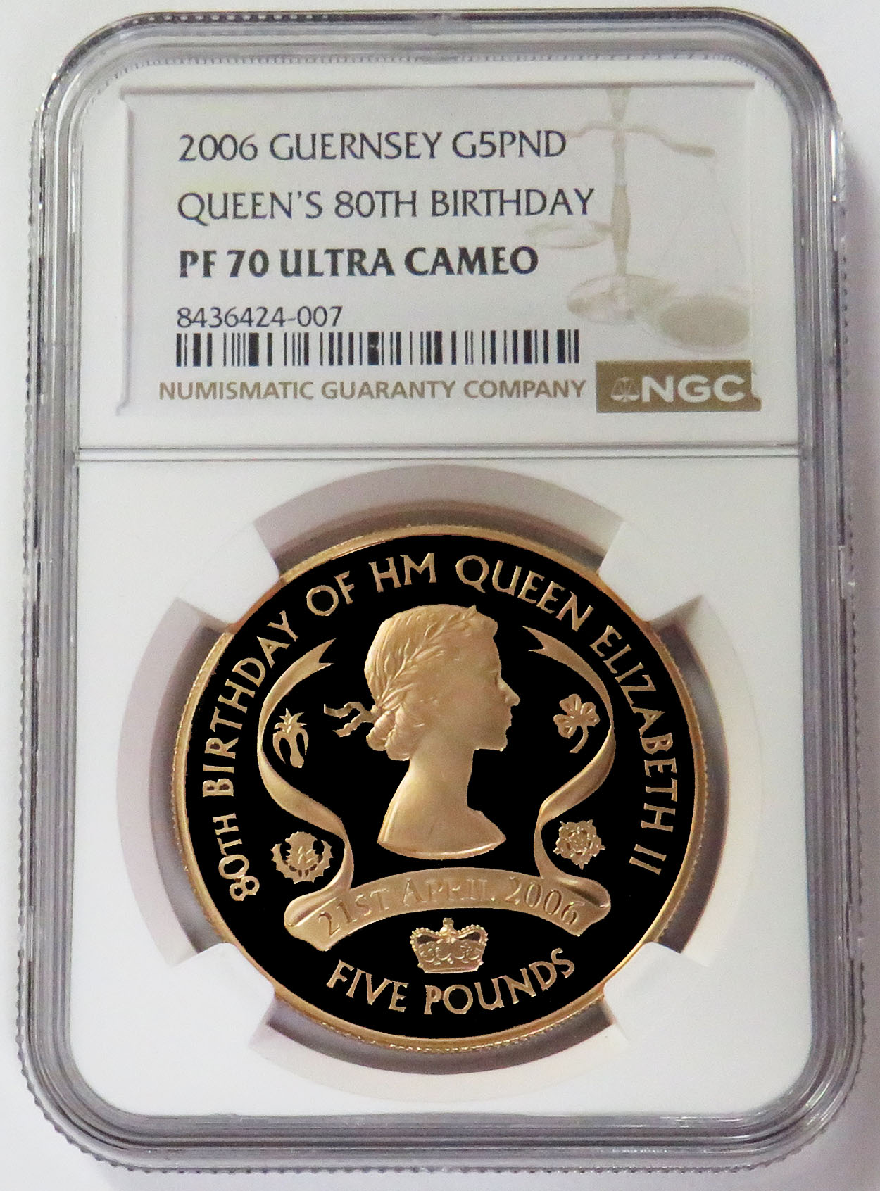 2006 GOLD GUERNSEY 5 POUNDS NGC PROOF 70 ULTRA CAMEO QUEEN'S 80TH BIRTHDAY