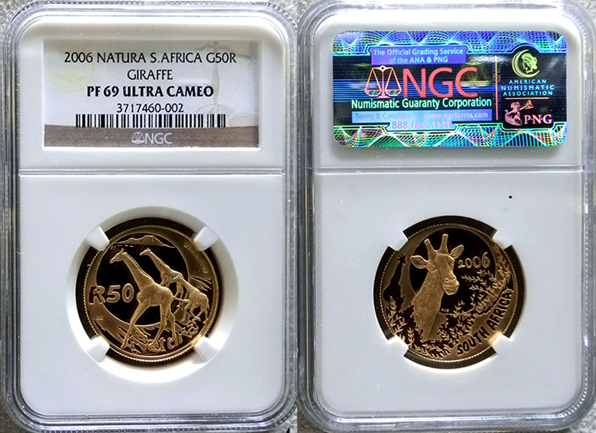 2006 GOLD SOUTH AFRICA 50 RAND GIRAFFE NGC PROOF 69 ULTRA CAMEO ONLY 300 MINTED "NATURA WILDLIFE GIANTS OF AFRICA SERIES - THE GIRAFFE