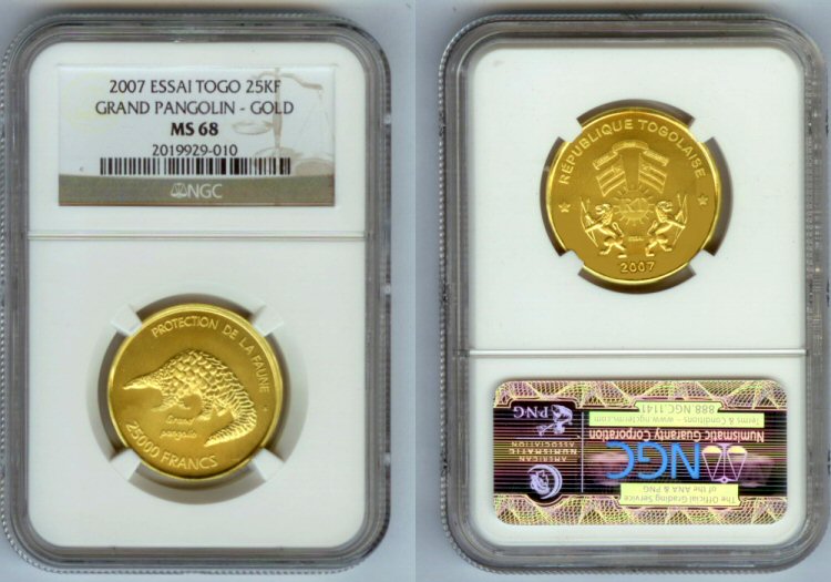 2007 GOLD TOGO 25,000 FRANCS PATTERN NGC MINT STATE 68 ONLY 55 MINTED " GIANT PANGOLIN"
