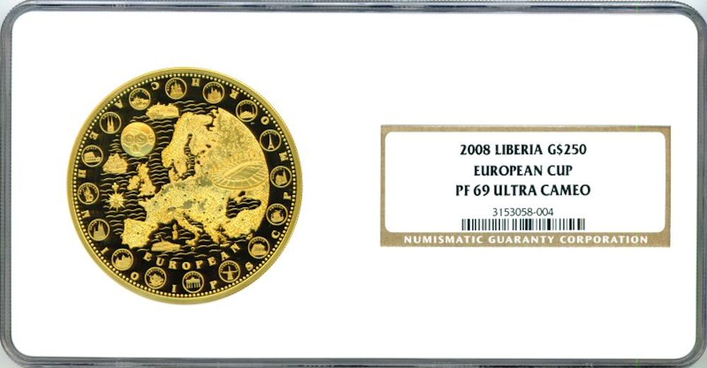 2008 GOLD LIBERIA $250 NGC PROOF 69 ULTRA CAMEO 5oz SOCCER EURO CUP ONLY 99 MINTED 