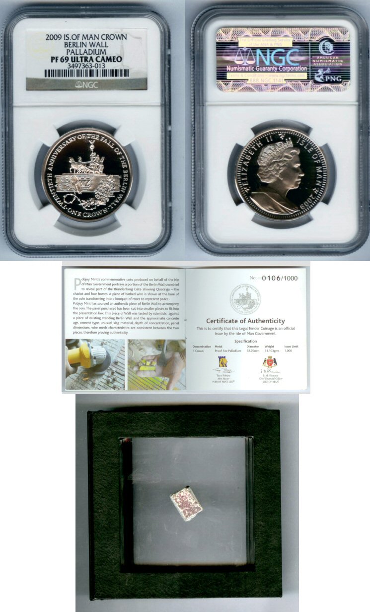 2009 PALLADIUM ISLE OF MAN NGC PROOF 69 ULTRA CAMEO "BERLIN WALL" ONLY 200 MINTED