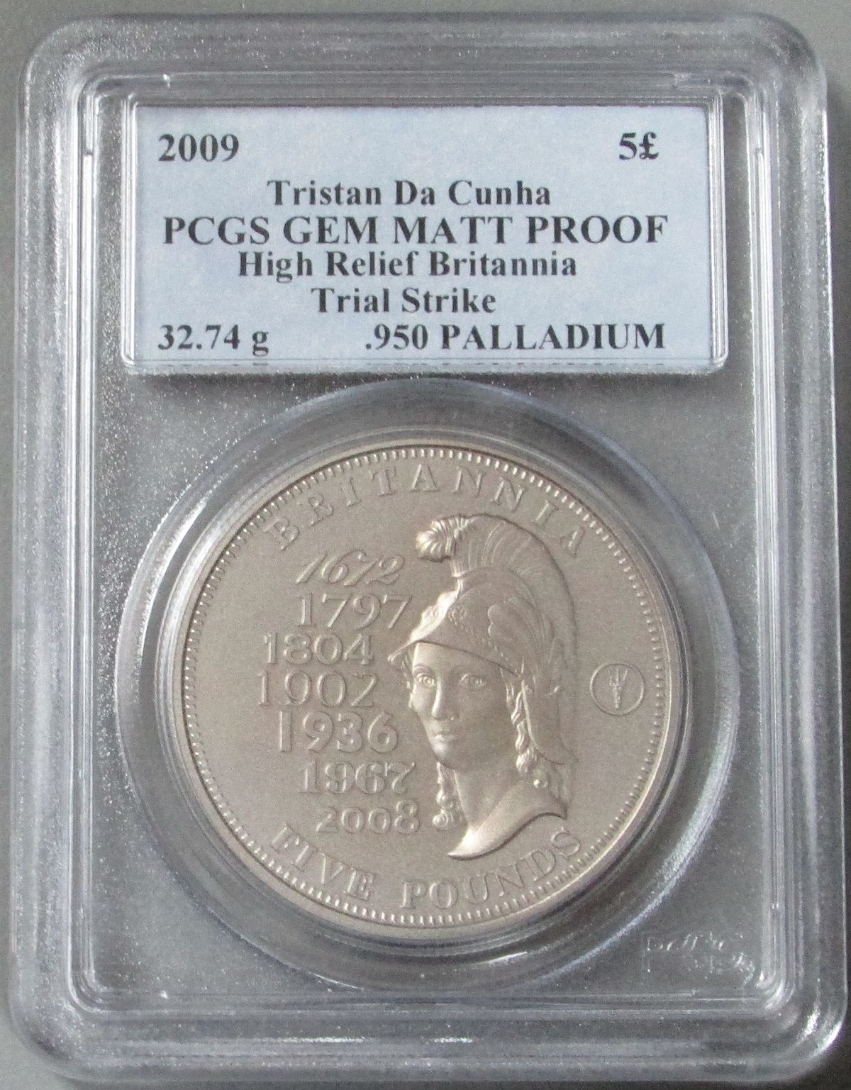 2009 PALLADIUM TRISTAN DA CUNHA 5 POUNDS PCGS GEM MATTE PROOF PATTERN ONLY 97 MINTED 