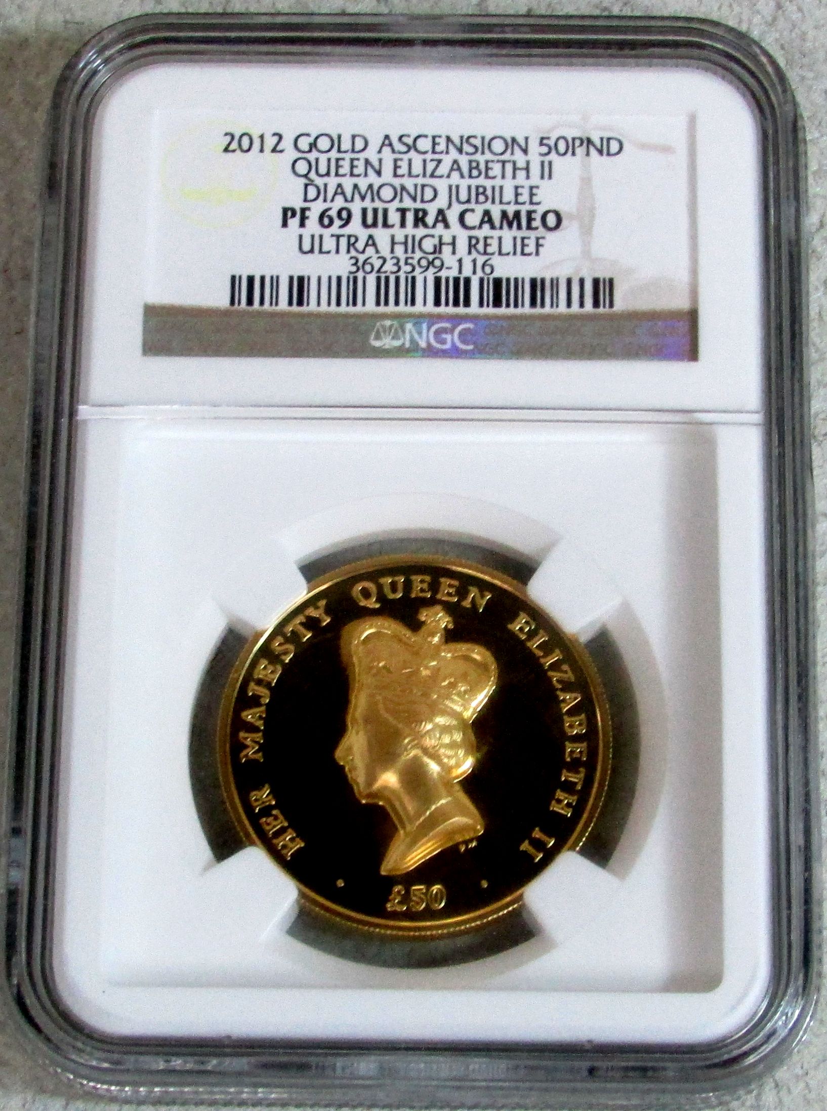 2012 GOLD ASCENSION ISLAND 50 POUND NGC PROOF 69 ULTRA CAMEO ULTRA HIGH RELIEF "DIAMOND JUBILEE