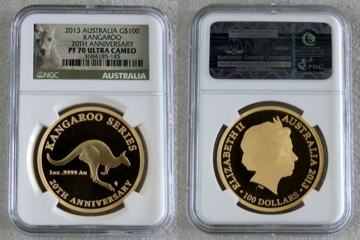 2013 GOLD AUSTRALIA $100 KANGAROO ANNIVERSARY NGC PERFECT PROOF 70 ULTRA CAMO ONLY 500 MINTED