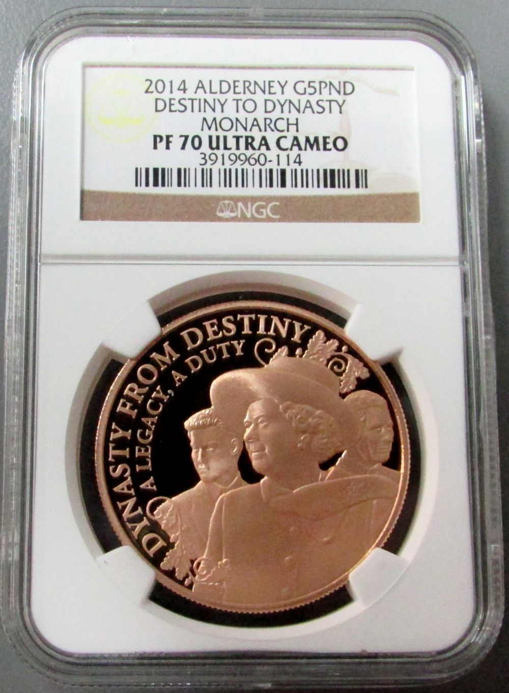 2014 GOLD ALDERNEY 5 POUND DESTINY TO DYNASTY MONARCH COIN NGC PERFECT PROOF 70 ULTRA CAMEO ONLY 63 MINTED