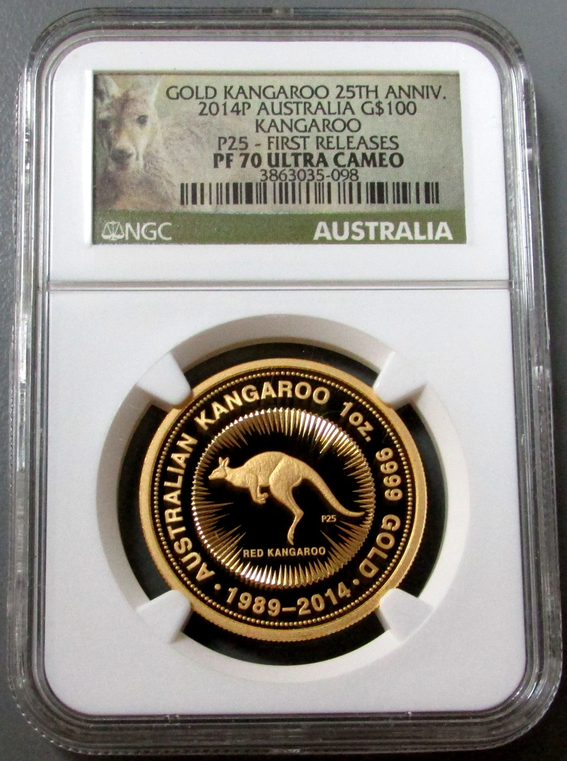 2014 P GOLD AUSTRALIA $100 KANGAROO 25th ANNIVERSARY NGC PERFECT PROOF 70 ULTRA CAMEO ONLY 310 MINTED 