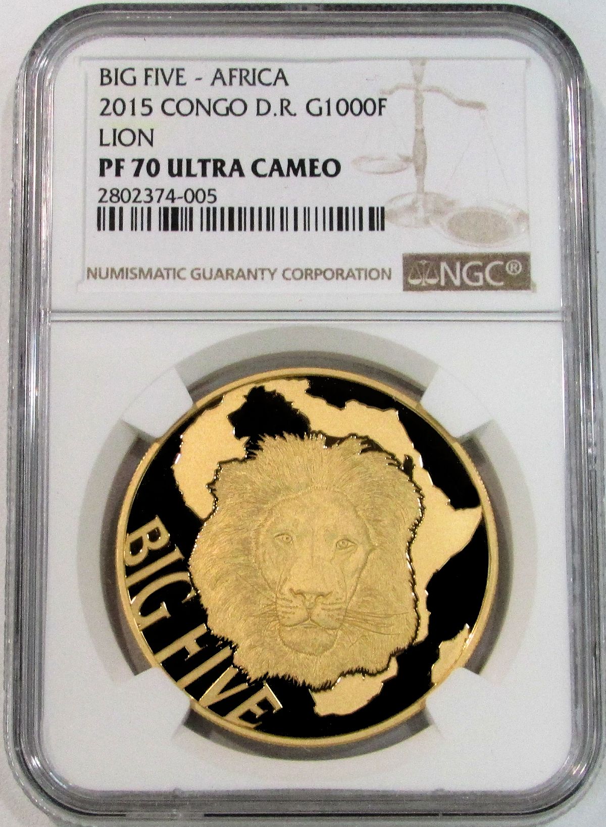 2015 GOLD CONGO 1000 FRANCS BIG FIVE AFRICA LIONS NGC PROOF 70 ULTRA CAMEO 300 MINTED