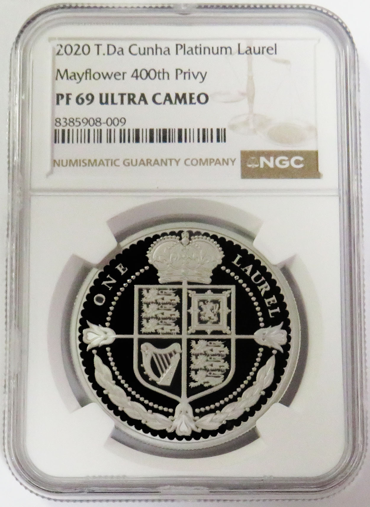 2020 PLATINUM TRISTAN DA CUNHA LAUREL MAYFLOWER 400th PRIVY NGC PROOF 69 UC 799 MINTED