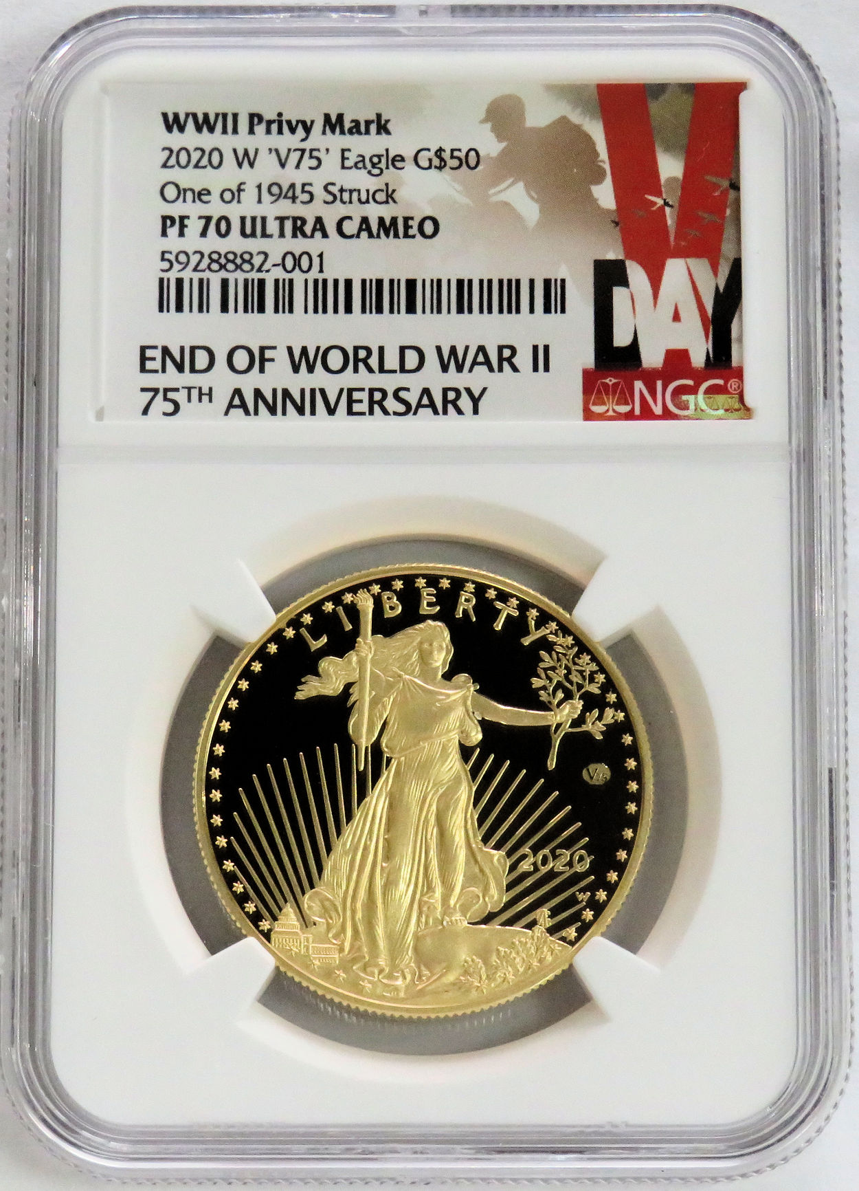 2020 W GOLD V75 END OF WWII PROOF AMERICAN EAGLE $50 1 OZ COIN NGC PROOF 70 ULTRA CAMEO 1,945 MINTED