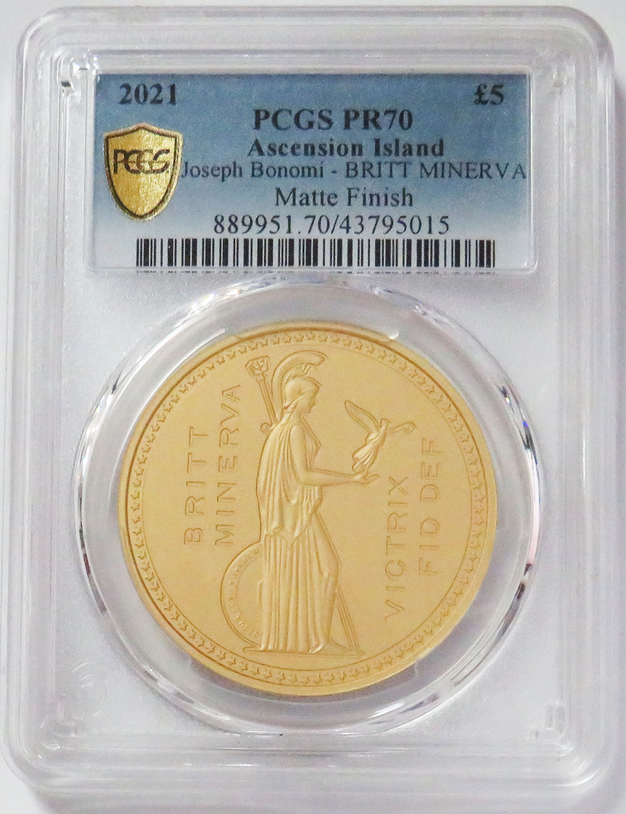 2021 GOLD ASCENSION ISLAND 5 POUNDS BRITT MINERVA JOSEPH BONOMI PATTERN PCGS PR 70 MATTE FINISH 20 MINTED 
