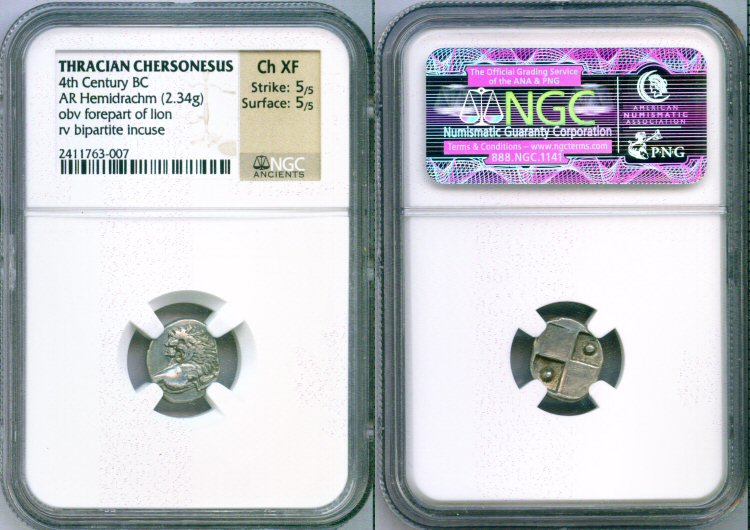 4TH CENTURY BC SILVER THRACIAN CHERSONESUS HEMIDRACHM NGC CH XF