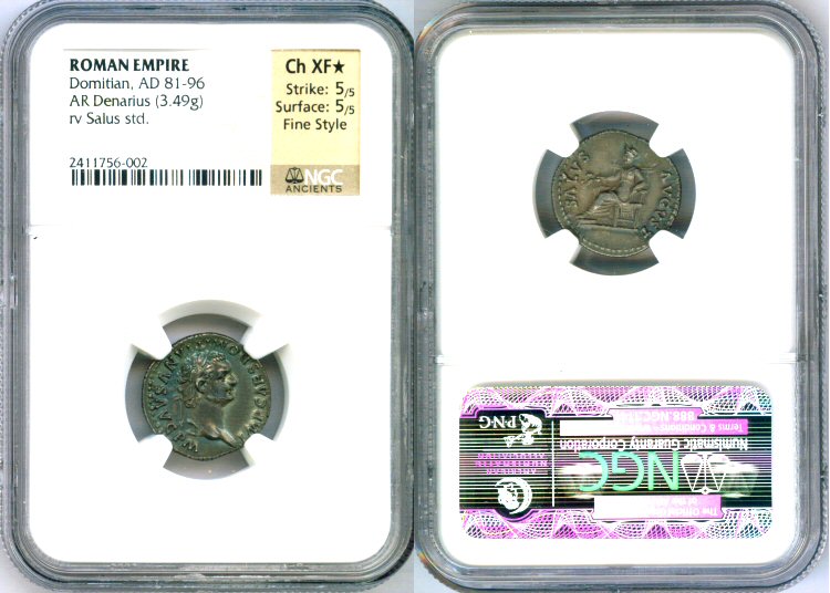 81 - 96 AD SILVER ROMAN EMPIRE DOMITIAN DENARIUS NGC CH XF STAR