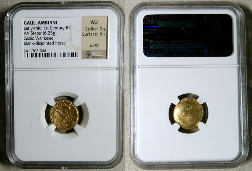 CIRCA 54 BC  GOLD GAUL CELTIC BELGAE AMBIANI STATER NGC AU