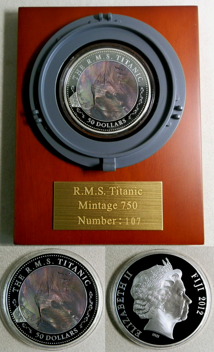 2012 SILVER FIJI 5 OZ R.M.S. TITANIC MOTHER OF PEARL  750 MINTED