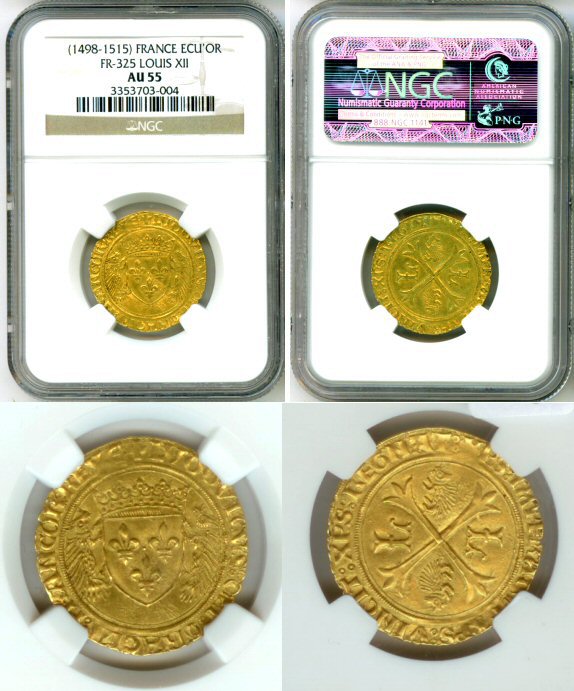 1498 - 1515 GOLD FRANCE ECU D'OR KING LOUIS XII NGC AU55