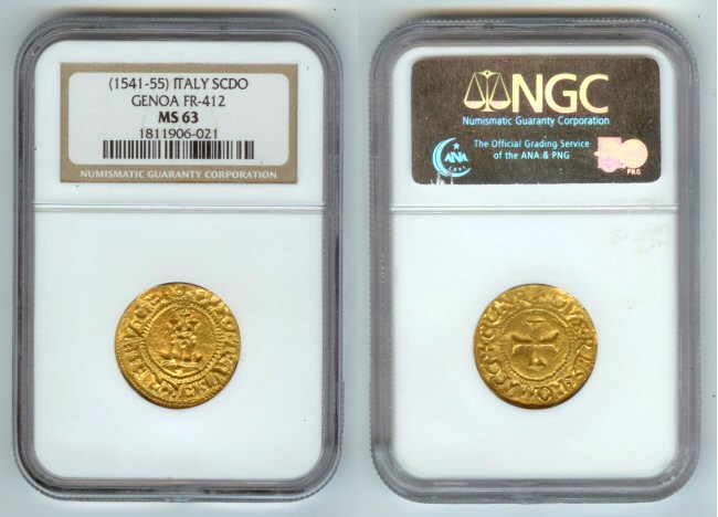 1541 - 1555 GOLD GENOA ITALY SCUDO  NGC MINT STATE 63