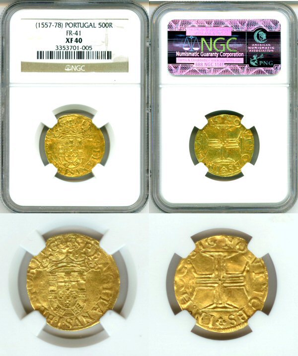 1557 - 1578 GOLD PORTUGAL 500 REAIS COIN NGC EXTRA FINE 40