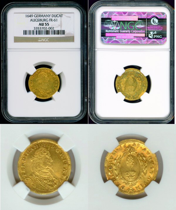 1649 GOLD AUGSBERG GERMANY DUCAT NGC ABOUT UNC 55