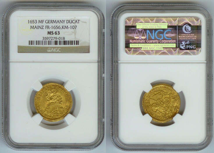 1653 GOLD GERMANY MAINZ DUCAT NGC MINT STATE 63 JOHANN PHILIPP