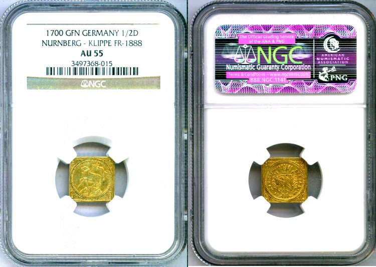 1700 GFN GOLD NUREMBERG GERMANY KLIPPE 1/2 DUCAT "LAMB" NGC ABOUT 55