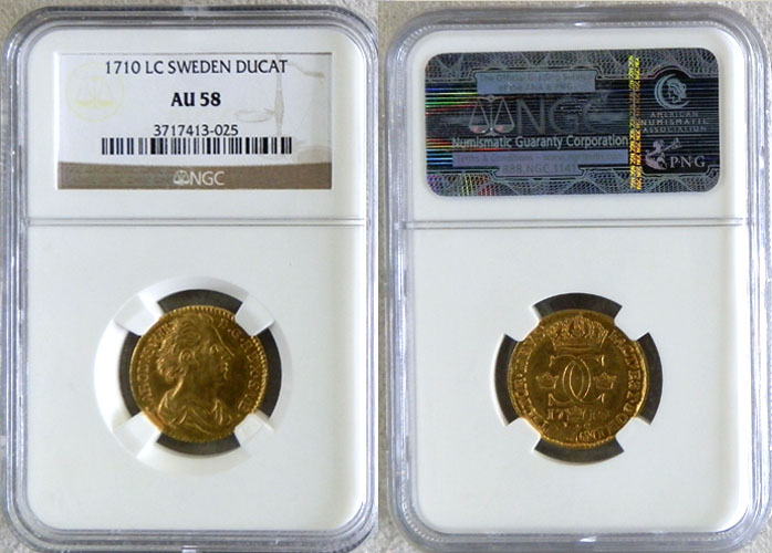 1710 LC GOLD SWEDEN DUCAT NGC ABOUT UNC 58 "CARL XII WARRIOR KING"