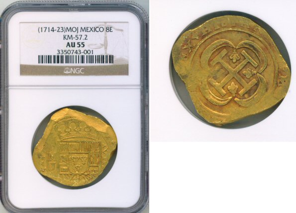 1714 - 1723 MO J GOLD MEXICO 8 ESCUDO COIN NGC AABOUT UNC 55 "FELIPE V" 1715 FLEET