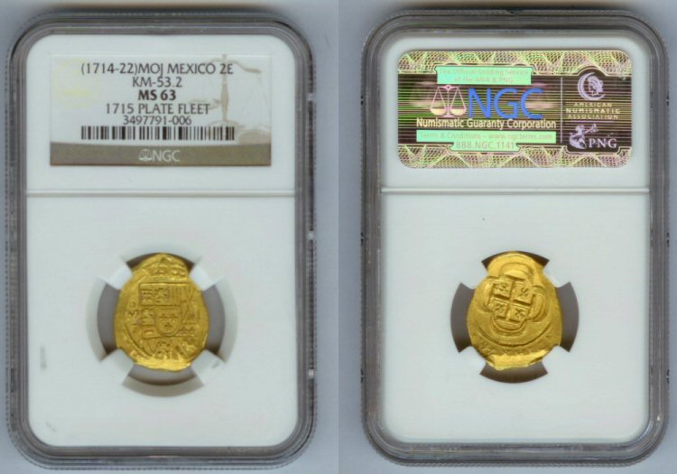 1714 MO J GOLD MEXICO 2 ESCUDOS NGC MINT STATE 63 "1715 PLATE FLEET"
