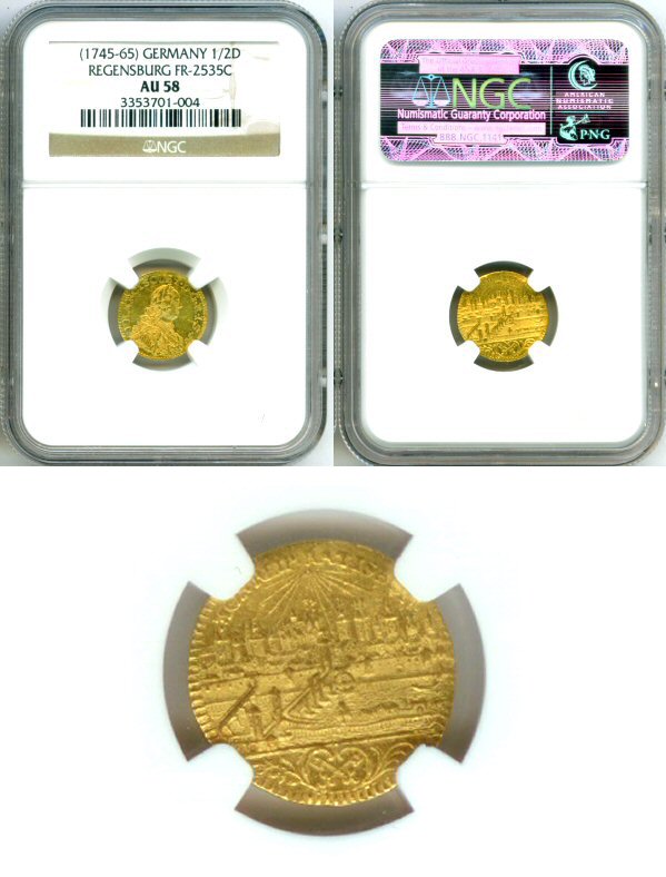 1745 - 1765 GOLD REGENSBURG GERMANY 1/2 DUCAT NGC ABOUT 58
