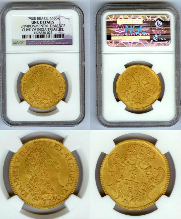 1750 R GOLD BRAZIL 6400 REIS NGC  SALVAGE CLIVE TREASURE COIN