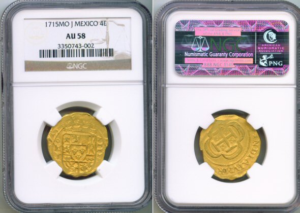 1715 MO J GOLD MEXICO 4 ESCUDO  NGC ABOUT UNC 58 "FELIPE V"