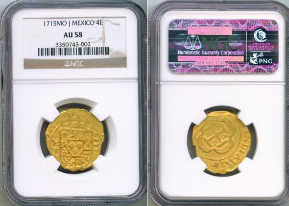 1715 MO J GOLD MEXICO 4 ESCUDO  NGC ABOUT UNC 58 "FELIPE V"