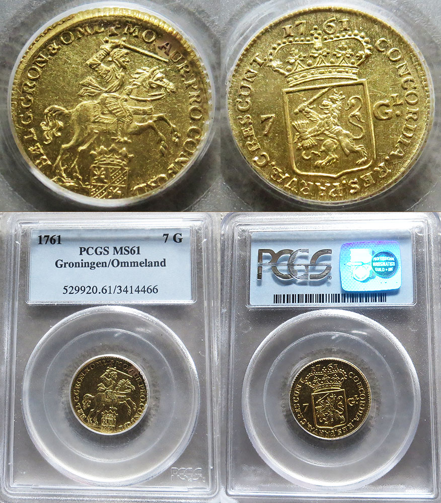 1761 GOLD NETHERLANDS 7 GULDEN GRONINGEN PCGC MS61 RARE