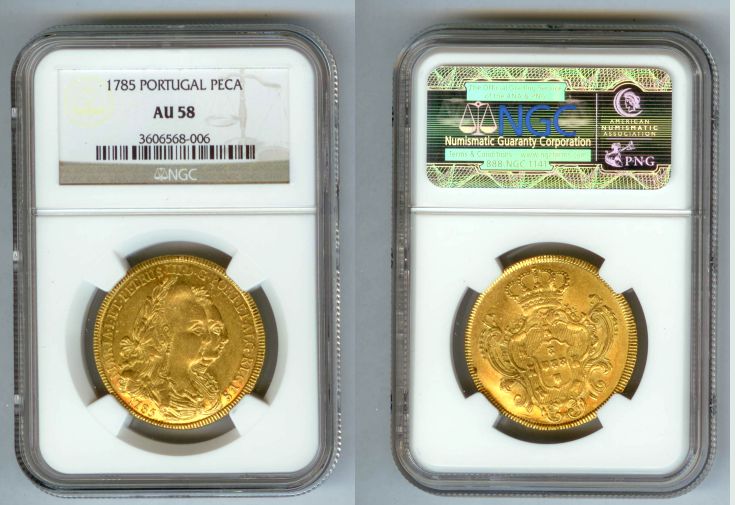 1785 GOLD PORTUGAL 4 ESCUDOS NGC ABOUT UNC 58 "MARIA I & PEDRO III"