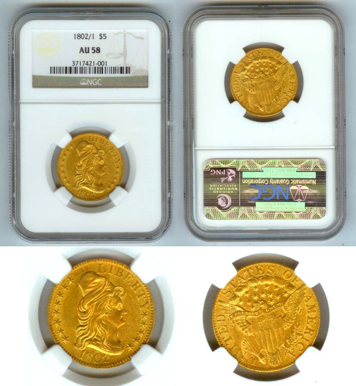 1802/1 GOLD $5 OVERDATE NGC ABOUT UNC 58 (PQ) LIBERTY CAP HALF EAGLE