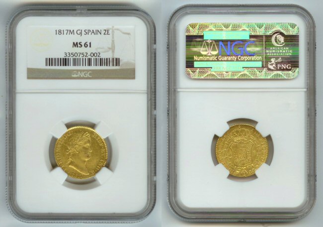 1817 M GOLD SPAIN 2 ESCUDOS NGC MS61