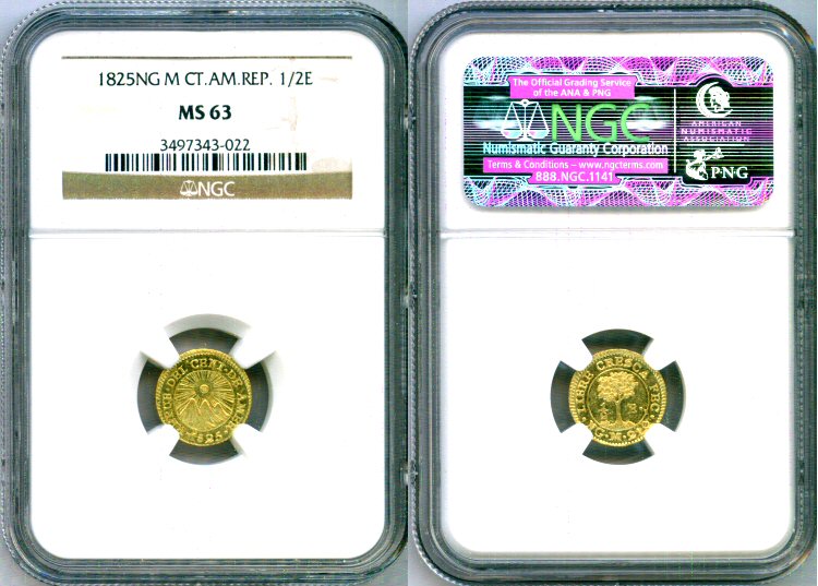 1825 NG M CENTRAL AMERICAN REPUBLIC 1/2 ESCUDOS NGC MINT STATE 63