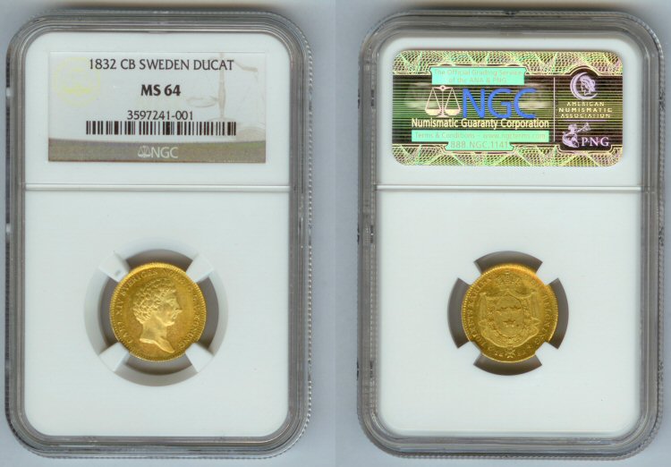 1832 CB GOLD SWEDEN DUCAT NGC MINT STATE  64  ONLY 2,082 MINTED "KING CARL XIV"