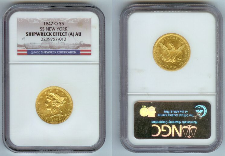 1842 O GOLD $5 LIBERTY NGC AU S.S. NEW YORK SHIPWRECK SALVAGED