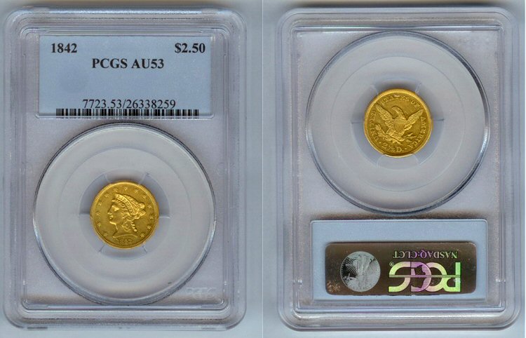 1842 GOLD QUARTER EAGLE $2.5 CORONET HEAD PCGS AU53