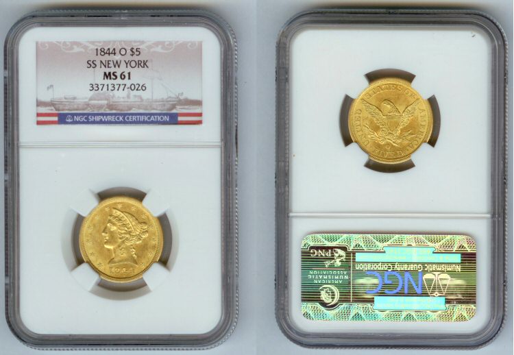 1844 O GOLD $5 LIBERTY NGC MS61 S.S. NEW YORK SHIPWRECK SALVAGED