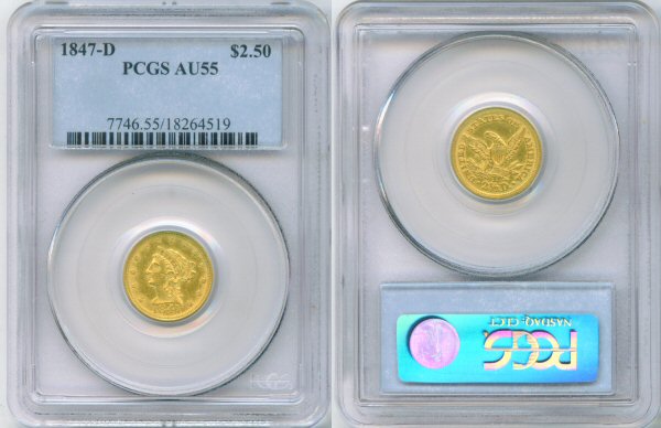 1847 D GOLD $2.50 LIBERTY HEAD PCGS AU55 "RARE"