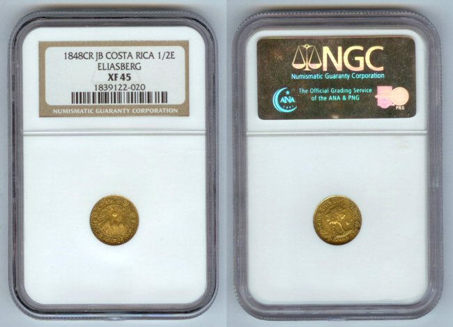 1848 CR GOLD COSTA RICA 1/2 ESCUDO NGC EXTRA FINE 45 ELIASBERG PEDIGREE