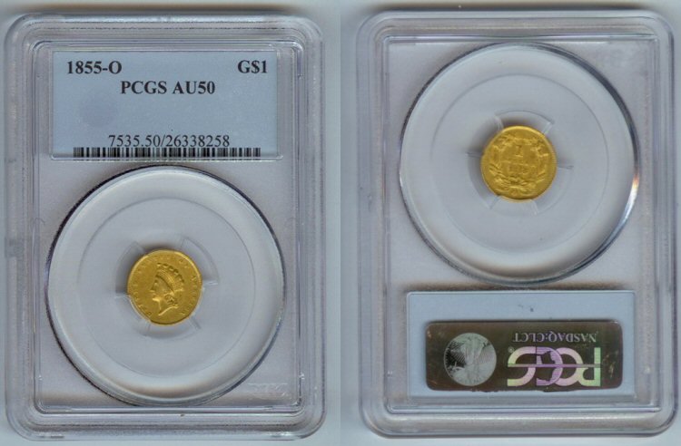 1855 O GOLD $1 INDIAN PRINCESS HEAD PCGS AU50